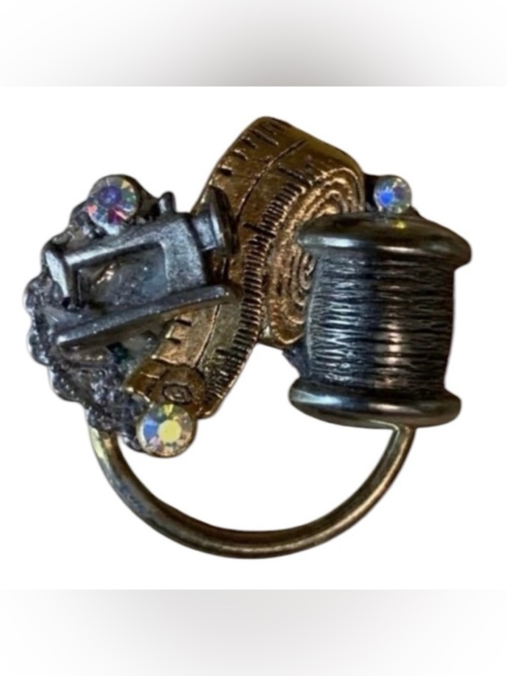 Sewing Machine Brooch Pin-Gold Tone-Thread Measuring Tape-Rhinestones Silver